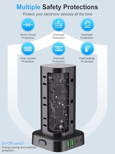 6FT Power Strip Tower with Wireless Charger,Surge Protector with 12 Outlets - color: Black, size: 6FT with Wireless Charging
