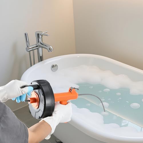 Drain Snake, Auto Feed Plumbing Snake with Drill Adaptor, 25 Feet Drain Auger Tool Set Included Drain Clog Remover, Hair Clog Remover ＆ Cleaning Brush for Kitchen, Bathroom and Shower Sink with Gloves