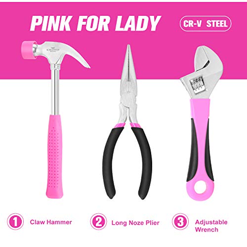 89 Piece Pink Tool kit, Ladies Hand Tool Set with Easy Carrying Round Pouch Household Tool Kit Perfect for DIY, Home Maintenance and Dorm Repair