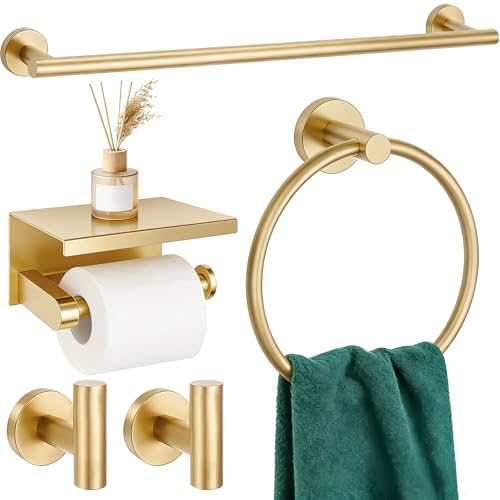 5 Pieces Bathroom Hardware Accessories Set Brushed Gold, 24Inch Bathroom Towel Rack Set SUS304 Stainless Steel, Round Toilet Paper Holder with Shelf Heavy Duty, Wall Mounted - color: Brushed Gold, size: 5 Pieces 24" A