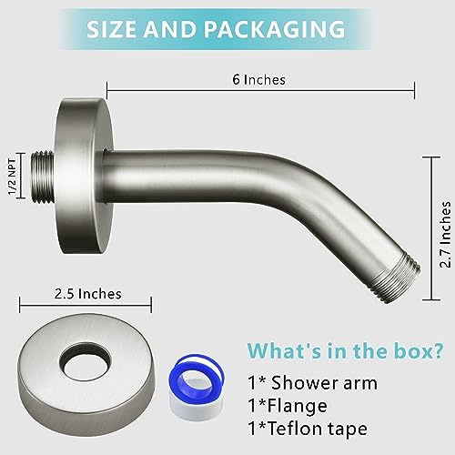 Shower Arm with Flange, 6 Inches Wall Mount Replacement Shower Head Arm For Fixed Shower Head and Handheld Showerhead, Brushed Nickel - color: Brushed Nickel, style: 6 Inch