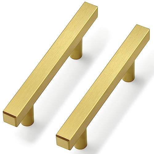 Estmoon 30 Pack Brushed Brass Cabinet Handles 3 Inch Gold Cabinet Pulls Modern Square Drawer Pulls Brass Gold Dresser Pulls Hardware Kitchen Handles for Cabinets and Drawers, 5" Total Length - color: Brushed Brass