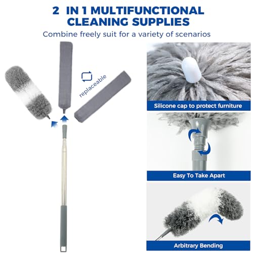 4 Pcs Dusters for Cleaning, 2 in 1 Microfiber Dusters and Retractable Gap Dust Cleaner with 1 Microfiber Dusting Cloths Long Handle 30-100 Inches Extension Pole for Ceiling Fan Cleaning Supplies - size: 4 PCS Dusters