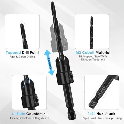 FACAINCXS Countersink Drill Bit Set for Wood, 16 PCS High Speed Steel Woodworking Tapered Drill Bits Counter Sink Drill Bit with 2PCS 1/4" Hex Shank Wood Plug Cutter Quick Change with Storage Box
