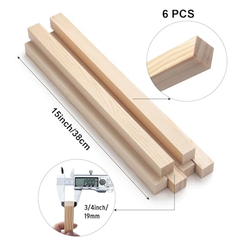 Square Wooden Dowel Rods, 6 PCS 3/4" x 15" Square Wood Dowels Wooden Sticks for Crafting, Unfinished Hardwood Wooden Strips Pieces for Woodworking, Crafts, Arts and DIYers, Home Decor, Model Making - size: 3/4"×15"-6PCS