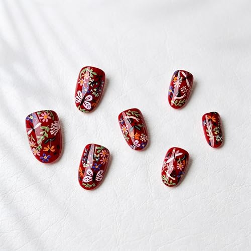 Red Short Press on Nails Flower Butterfly Fake Nails Glossy Finish Reusable False Nails for Women Manicure(design 29） - color: 3D Embossed design 29