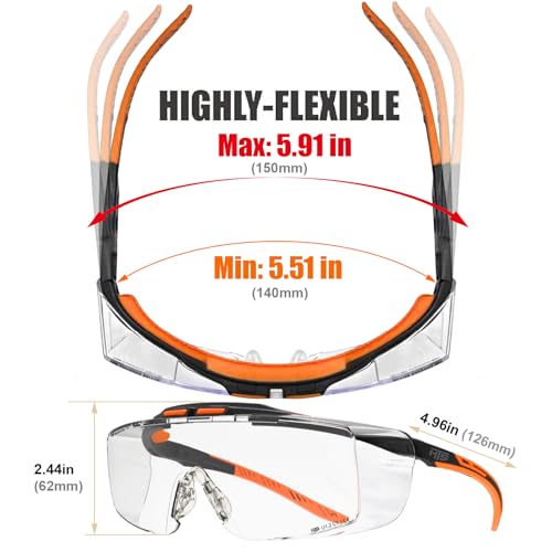 HTS HUNTERSKY ANSI Z87.1+ Anti Fog Fit Over Eyeglasses Safety Glasses Up to 1.88 inch 99.9% UV Protection OTG Lab Goggles - color: 3906c Black-orange / Clear Lens