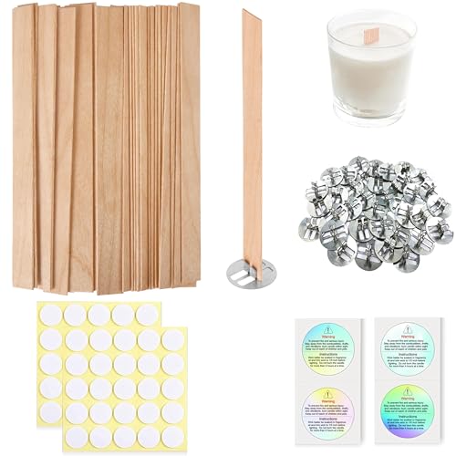200 Pcs Thicked Wood Candle Wicks for Candle Making, 5.1 X 0.51X 0.06 Inch Upgrade Wood Wicks, Wooden Wicks Box Includes Iron Stander, Glue Dot, and Warning Labels (50 Sets)