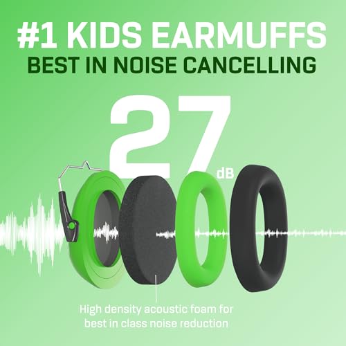 Kids Noise Canceling Headphones - 33 dB (2K Hz) - Ear Protection Earmuffs | Vanderfields' earmuffs protect child's hearing with certified noise-cancellation, soft ear cushions, and adjustable headband - color: Green