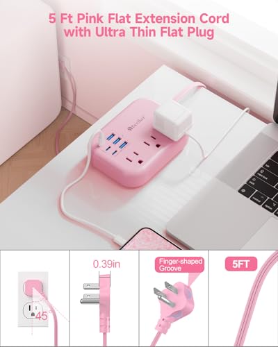 Beeiker 6 USB (3 USB C) Pink Power Strip, 5Ft Extension Cord, 3 Outlets - size: Pink-6 USB 24W-5ft
