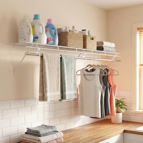 COSTWAY Closet Shelves Wall Mounted, Ventilated Shelf with Hanging Rod | Metal Wire Shelving Kit, Wire Wall Shelf for Laundry Room, Bedroom, Home, Mounting Accessories Included (6 ft x 12 in) - size: 6 ft x 12 in