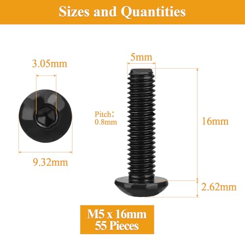 55 Pieces M5 x 16mm Button Head Socket Cap Screws, Thread Pitch 0.8mm, Sutemribor M5 Black Screws, 10.9 Grade Alloy Steel, Black Oxide Finish, Fully Threaded - size: M5 x 16mm, style: Button Head