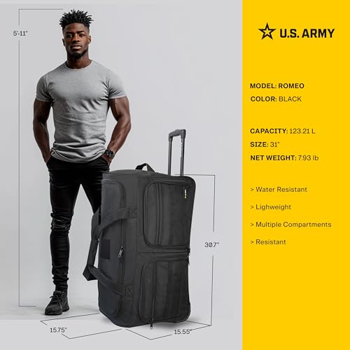 US Army ROMEO 31-inch Large Tactical Duffel Bag with Wheels | Heavy Duty Material, Molle Webbing, Water Resistant Military Rolling Bag for Travel, Deployment, and Camping - Black - color: Black, size: 31-inch