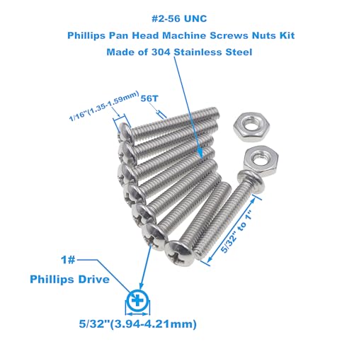 #2-56 UNC 304 Stainless Steel Phillips Pan Head Screw & Hex Nut Kit - size: #2-56UNC