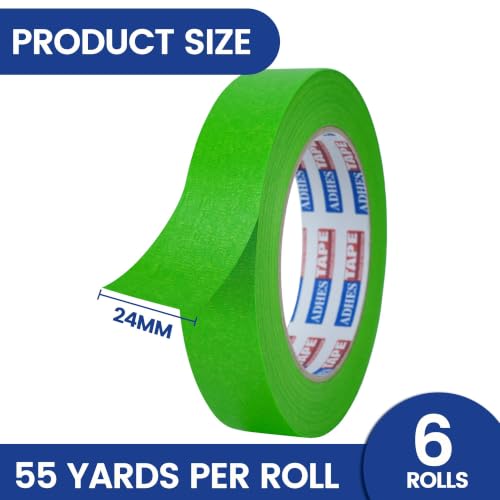 ADHES Green Masking Tape Painter Tape 24mm x 50m | 6Rolls x 0.94Inch x 55Yard,Clean Removal, No Residue, Multi-Surface,Ideal for Painting DIY Arts Crafts Labeling - size: 24mm x 50m