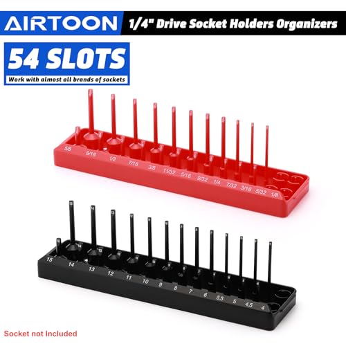 1/4-Inch Drive Socket Organizer Trays, 2-Piece SAE and Metric Socket Tray Set, Deep and Standard Socket Holders Organizers for Toolbox, Black & Red - size: 1/4-Inch Drive SAE and METRIC