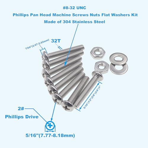#8-32 UNC 304 Stainless Steel Phillips Pan Head Screw Nut Washer Kit - size: #8-32UNC