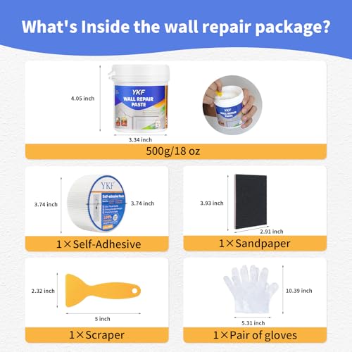 YKF Drywall Repair Kit, 18 oz Ready to Use Quick Dry Wall Repair Paste with Scraper and Self-Adhesive Mesh, White Spackle Putty for Small Holes, Nail Holes, Dents and Cracks