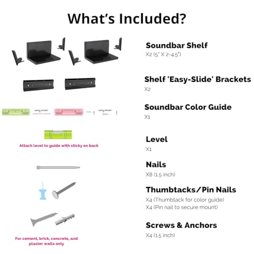 HangSmart TV Soundbar Mount NO Stud & NO Drill Easy Install, DIY Universal Sound Bar Wall Mount Bracket, Holds up to 50LBS, Adjustable fits Most Soundbars. (Black) - color: Black, size: 1 Pack