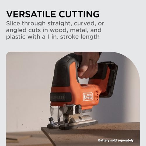 BLACK+DECKER 20V MAX POWERCONNECT Cordless Brushless Jig Saw with Two Blades for Wood, Plastic and Metal, Dust Port, 1 In. Stroke, Variable Speed Trigger, LED Light, Battery Not Included (BLJS78B) - style: Tool Only