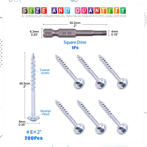 Glarks 280Pcs #8x2'' Pocket Hole Screws Zinc Coated Square Drive Self Tapping Coarse Thread Wood Screws for Wood and Sheet Metal (#8x2'' Coarse Thread) - size: #8x2'' Coarse thread