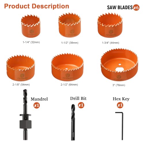 9-Piece Hole Saw Kit 32-76mm with Mandrels & Case for Wood, PVC, Plywood - color: Orange
