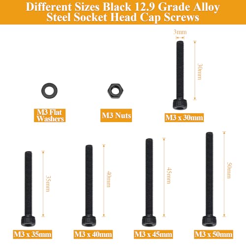 305 Pieces M3 x 30/35/40/45/50mm Hex Socket Head Cap Screws Nuts Washers Set Black, Sutemribor M3 Long Screws, M3 Black Screws Nuts Washers Assortment Kit, 12.9 Grade Alloy Steel, Fully Threaded - size: M3 x 30-50mm, style: Socket Head