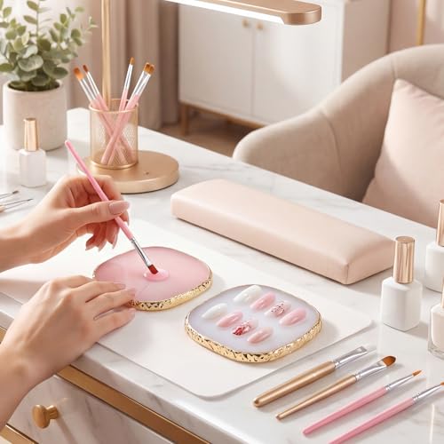 2 Pcs Resin Nail Art Palette, Pink Square Mixing Tray with Gold Edge - color: Pink, White
