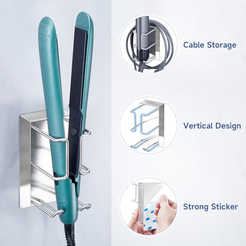 Hair Dryer and Straightener Holder Wall Mounted, Curling Iron Holder Adhesive, Blow Dryer Holder Wall, Bathroom Hair Tool Organizer for Flat Irons,Curling Wands,Styling Tools (Silver, 1Pc)