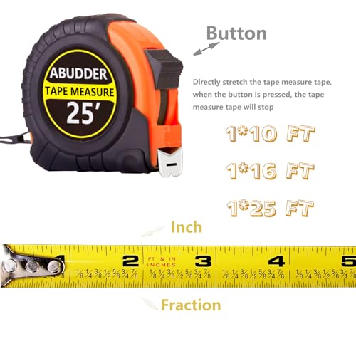 3 PackTape Measure,Easy Read Measuring Tape Retractable with Fractions 1/8, Measurement Tape - color: Orange