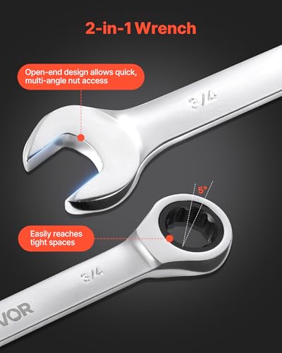 VEVOR Combination Wrench Set, 26-Piece SAE and Metric, 72 Teeth, Cr-V Steel Ratcheting Wrench Set, with Rack Organizer, Open End, Clear Size Labels, for General Household, Automotive Repairs, Silver - size: 26PCS (Metric&SAE), style: Regular