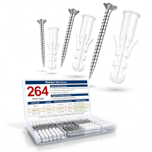 Drywall Anchors and Screws Kit – 264PCS Stainless Steel Screws and Anchors for Wall, Drywall, Picture Hanging – Heavy Duty Plastic Wall Anchors Set for Drywall, Anchors for Screws