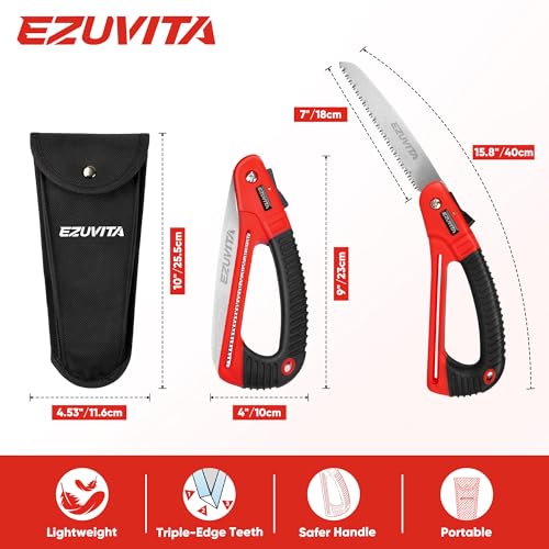 7 inch Folding Saw with EDC Pouch | Triple-Cut Pruning Saw, Induction-Hardened Teeth, Curved TPR Handle, Secure Lock, High-Carbon Steel Blade, for Wood Cutting