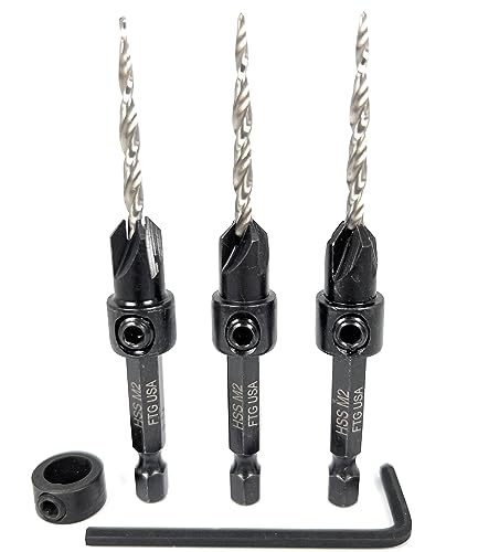 FTG USA #6 (9/64") Wood Countersink Drill Bit 3-Pc Set with 3/8" Depth Stop - size: #6, style: 3 Pc with Depth Stop
