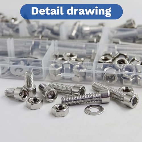 163Pcs M4 201 Stainless Steel Hex Socket Cap Bolt & Nut Set - size: M6x8/10/12/16/20/25/30/35-163Pcs