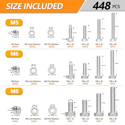 448 Pcs M5 M6 M8 Hex Bolts and Nuts Assortment Kit,16/20/30/40mm Bolts - size: M5/M6/M8 - 16/20/30/40mm