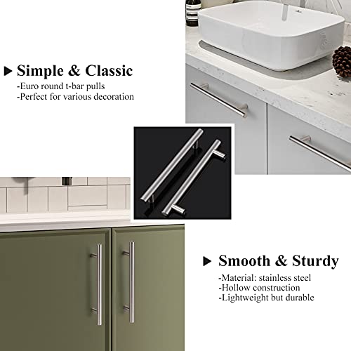 Probrico 5 Pack|Brushed Nickel T Bar Cabinet Pulls Stainless Steel Kitchen Cabinet Drawer Handles, 6-1/3 inch Hole Centers, Euro T Bar Pulls - color: Brushed Nickel, size: hole center 6-3/10"