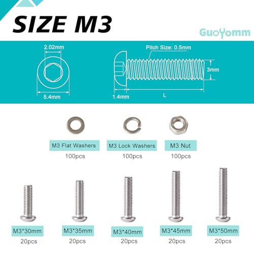 M3 Button Head Socket Cap Screws Bolts Washers Nuts Assortment Kit - size: Button M3x30/35/40/45/50 mm