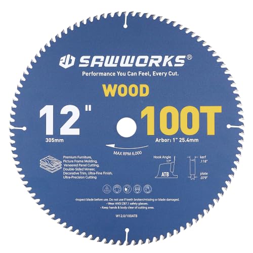SawWorks 12" 100T ATB Circular Saw Blade Woodworking for Ultra Fine Finish - size: 12 In 100T