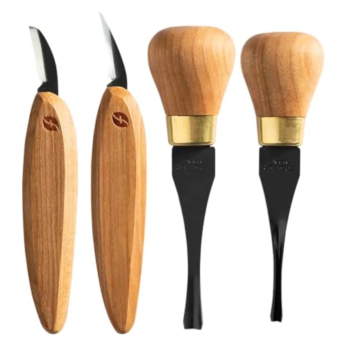 Flexcut Premium Series Wood Carving Tool Set, 4-Piece Beginner Palm & Knife Set with Cutting and Detail Knives, Sweep and Parting Palm Tools, Ergonomic Cherry Wood Handles, USA Made