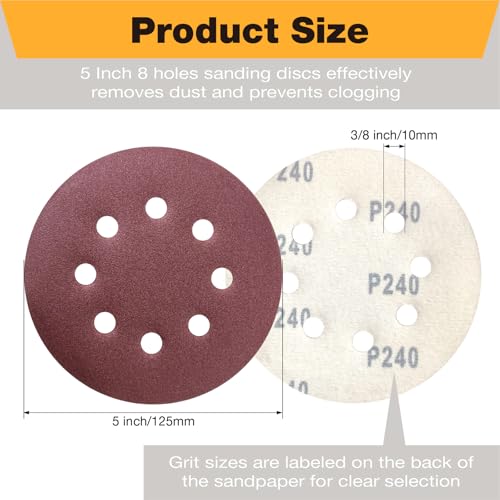 120 Pcs Sanding Discs, 5 Inch Sandpaper, 40, 60, 80, 120, 150, 240 Grits