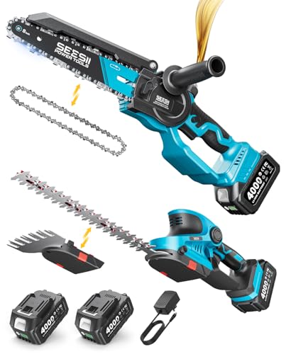 SEESII 3 in 1 Cordless Mini Chainsaw & Hedge Trimmer, Grass Shear Combo - color: Sapphire Blue