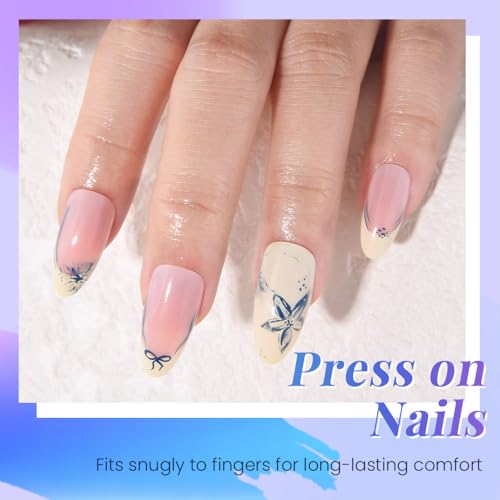 Blue French Tips Press On Nails Medium Almond, Flower Sticke On Nails, Salon Quality. Floral Designer Reusable Acrylic Fake Nails Press Ons, Spring-Summer Ready Daily Wear Press-Ons for Women - color: LF3757-Blue Flower French, size: 24 Pieces (Pack of 1)
