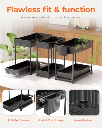 Sevenblue 3-Pack 2-Tier Under Sink Organizers with Sliding Drawers - color: Black, size: 12.8 Inch