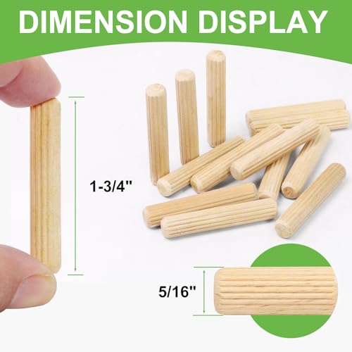 5/16" x 1-3/4" Wooden Dowel Pins, FoDau770 Fluted Wood Dowel Rods, Natural Beech Wood Dowel Pegs for Crafts, Woodworking, DIY Furniture - 200 Pieces - size: 5/16" x 1-3/4"