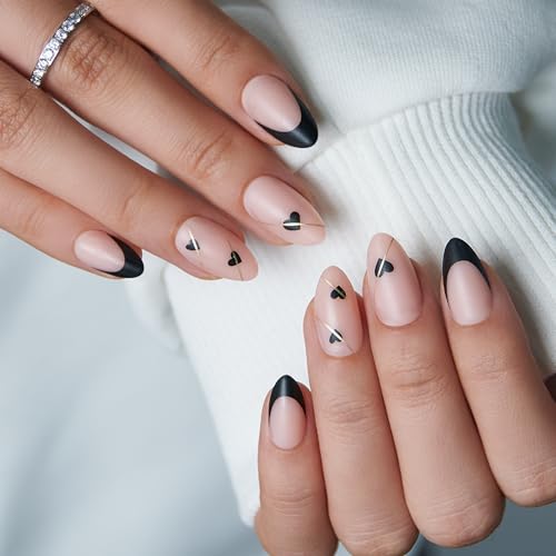 CurvLife Matte Almond Press On Nails for Women, Nude Pink Black French Tip Fake Nails with Hearts, Medium Length Soft Gel Glue On Nails Kit with Nail Glue & Tools, Salon Quality Valentine’s Day Nails - color: C3 - French Line Almonds
