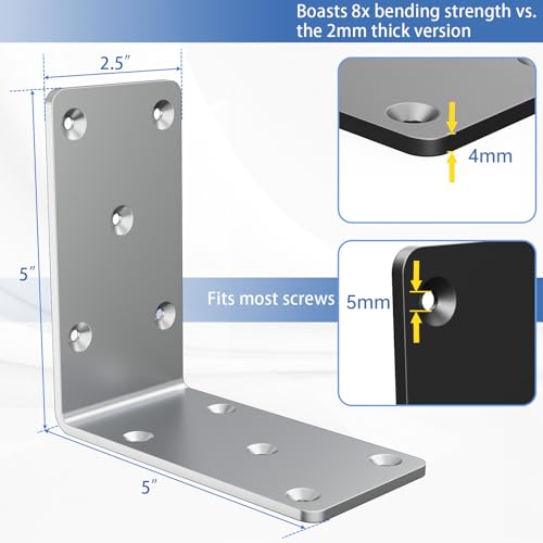5"x5"x2.5" Steel L Brackets Right Angle Bracket for Wood Structures - size: （8PCS） Silver