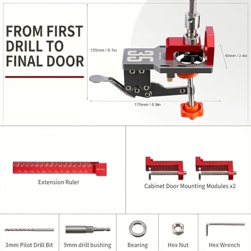 RUITOOL 35mm Concealed Hinge Jig System, Cabinet Door Mounting Jig & Door Installation Kit with Secure Clamp and Dust Port, Aluminum Hardware Hole Puncher with Modular Extension Ruler