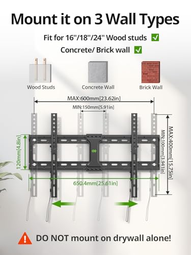 USX MOUNT Tilting TV Wall Mount for Most 37"-95" Flat Curved Screen Television, TV Bracket with Max VESA 600x400mm up to 132lbs, Low Profile Tilt Mount for 16", 24" Stud - size: 37-95 inch