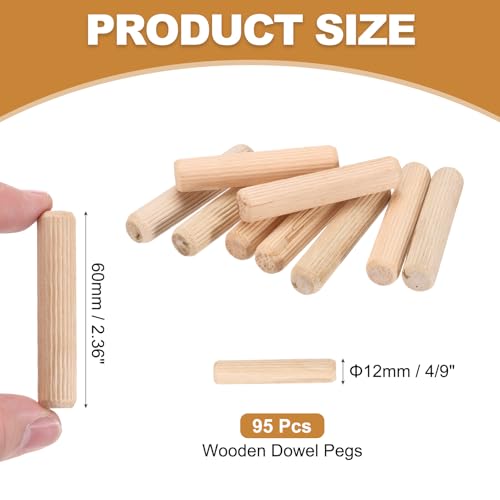 PATIKIL 95 Pcs Wood Dowel Pins 1/2" x 2 3/8" Fluted Wooden Dowels Hardwood Pegs for Woodworking Furniture DIY Crafts Projects Door Art - size: 1/2" x 2 3/8"